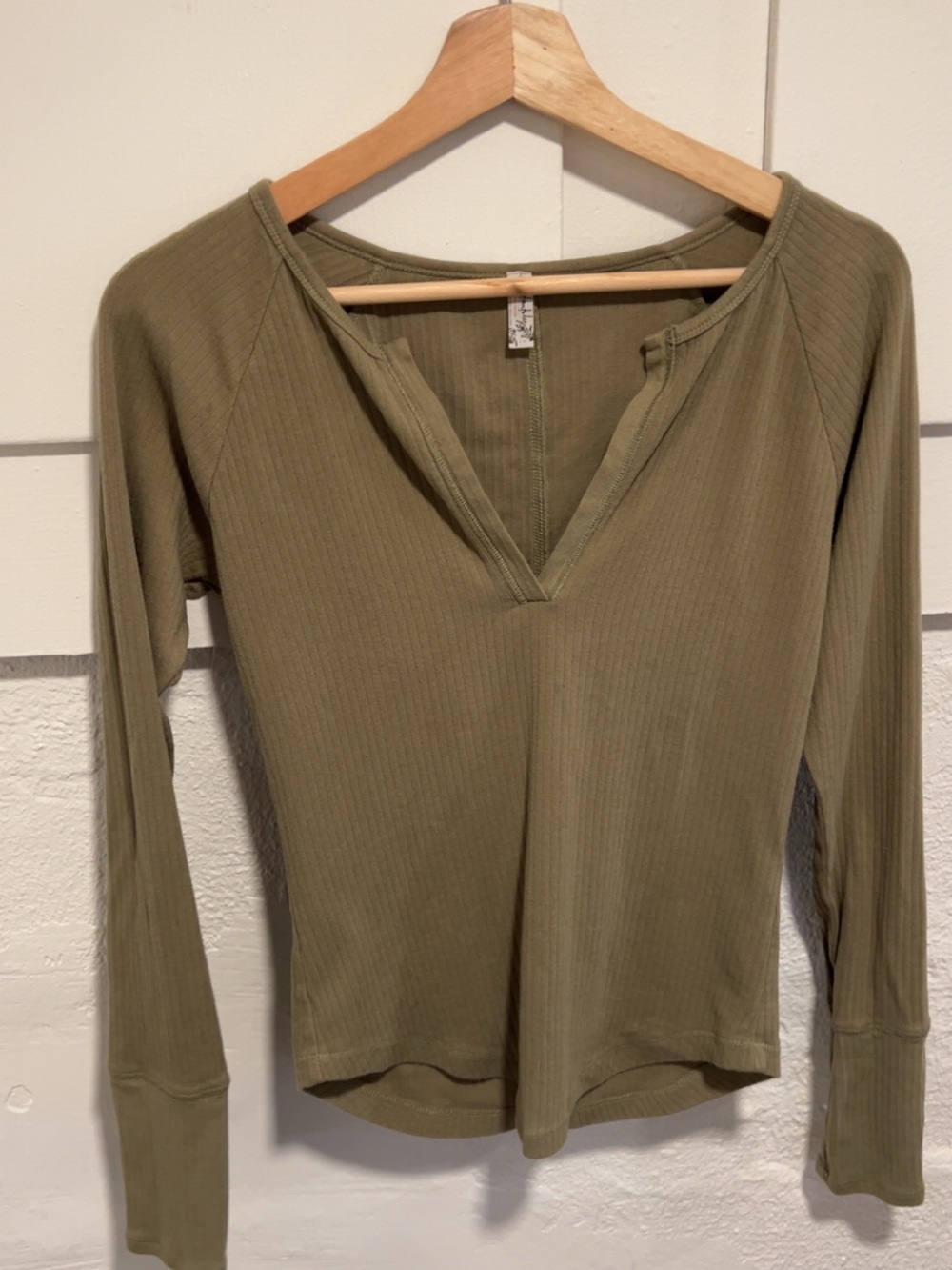 Free People Olive Ribbed Notch V-Neck Long Sleeve Top - Picture 2 of 4